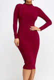 Cole High Stretchy Long Sleeve Double Layered Mock Neck Midi Dress BURGUNDY