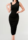 RALEIGH BLACK ASYMMETRICAL NECKLINE RUCHED BODYCON DRESS