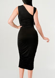 RALEIGH BLACK ASYMMETRICAL NECKLINE RUCHED BODYCON DRESS