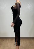 PIA BLACK MESH RUCHED BODYCON MIDI DRESS