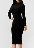 Cole High Stretchy Long Sleeve Double Layered Mock Neck Midi Dress BLACK