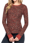 Long Sleeve Crew Neck Animal Printed Thermal Knit Top Rust-Black