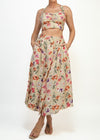 MELL CREAM BUTTONED ORANGE-PINK FLORAL PLEATED A-LINE SKIRT & TOP SET