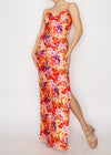 FOREST ISLAND RED-YELLOW COWL NECK MAXI SLIT DRESS