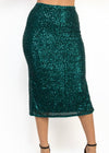 ELOISE EMERALD GREEN SEQUIN HIGH RISE SLIT MIDI SKIRT