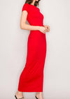 ELEANOR RED SHORT SLEEVE LIGHTWEIGHT DOUBLE LAYERED BODYCON MAXI DRESS