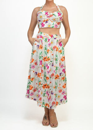 MELL WHITE BUTTONED ORANGE-PINK FLORAL PLEATED A-LINE SKIRT & TOP SET