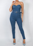 SERENITY BLUE DENIM TUBE BELTED SKINNY ZIPPERED JUMPSUIT