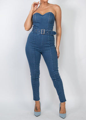 SERENITY BLUE DENIM TUBE BELTED SKINNY ZIPPERED JUMPSUIT