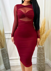 Paulette Double Lined Long Sleeve Stretchy Mesh Dress Burgundy