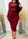 Paulette Double Lined Long Sleeve Stretchy Mesh Dress Burgundy