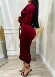 Party Vibes Long Sleeve Bodycon Highly Stretchy Soft Corduroy V Neck Dress Burgundy