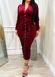 Party Vibes Long Sleeve Bodycon Highly Stretchy Soft Corduroy V Neck Dress Burgundy