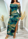 Charlotte Stretch Bodycon Shirred Mesh Long Sleeve Dress Green