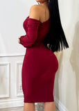 Alessia Stretchy Long Sleeve Off Shoulder Dress Burgundy