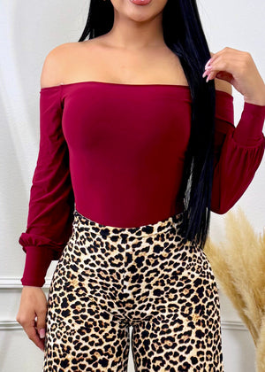 Avery Off Shoulder Long Sleeve Stretchy Bodysuit Burgundy