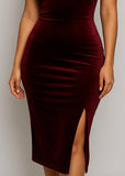 RIVER BURGUNDY VELVET STRAPPY BODYCON MIDI DRESS