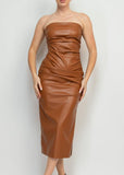 Luna Shirred Strapless Faux Leather Tube Dress Caramel