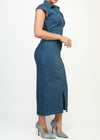 HALLIE MID DENIM COLLARED NECK BUTTON DOWN STRETCH DRESS