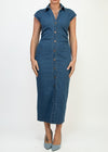 HALLIE MID DENIM COLLARED NECK BUTTON DOWN STRETCH DRESS