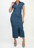 HALLIE MID DENIM COLLARED NECK BUTTON DOWN STRETCH DRESS