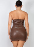 Alexa Brown Shirred Strapless Faux Leather Tube Dress