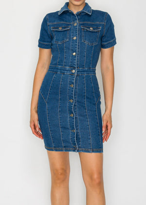 NALA MEDIUM DENIM STRETCHY FITTED POCKET SHORT SLEEVE MINI DRESS