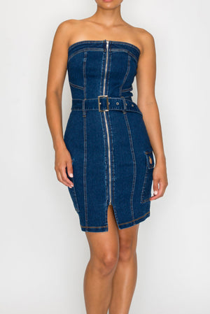 ELOISE DARK DENIM FRONT ZIP BELTED TUBE MINI DRESS