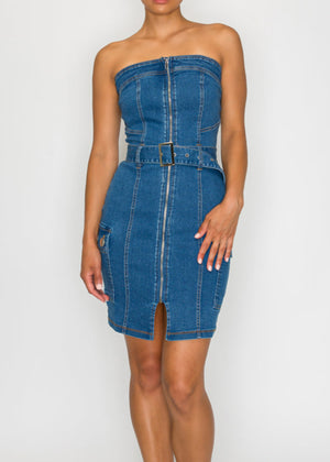 ELOISE MEDIUM DENIM FRONT ZIP BELTED TUBE MINI DRESS