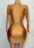NORA GOLD LONG SLEEVE DEEP V-NECK MINI DRESS