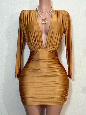 NORA GOLD LONG SLEEVE DEEP V-NECK MINI DRESS