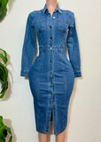 JANELLE  MEDIUM DENIM STRETCHY FITTED POCKET LONG SLEEVE MIDI DRESS
