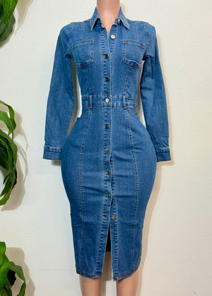 JANELLE  MEDIUM DENIM STRETCHY FITTED POCKET LONG SLEEVE MIDI DRESS
