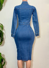 JANELLE  MEDIUM DENIM STRETCHY FITTED POCKET LONG SLEEVE MIDI DRESS
