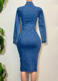 JANELLE  MEDIUM DENIM STRETCHY FITTED POCKET LONG SLEEVE MIDI DRESS