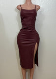 DANESSA BURGUNDY STRAPPY FAUX LEATHER BODYCON MIDI DRESS