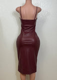 DANESSA BURGUNDY STRAPPY FAUX LEATHER BODYCON MIDI DRESS