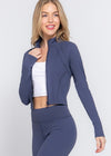 Jandi  Blue Stretchy Long Sleeve Mock Neck Zip-Up Workout Set