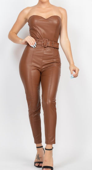 VICTORIA BROWN FAUX LEATHER JUMPSUIT