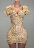 ANTONELLA YELLOW FLORAL RUCHED BODYCON MINI DRESS