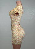ANTONELLA YELLOW FLORAL RUCHED BODYCON MINI DRESS