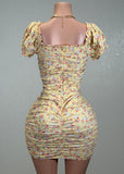 ANTONELLA YELLOW FLORAL RUCHED BODYCON MINI DRESS