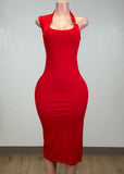 ENNIS RED ASYMMETRICAL HALTER W/METAL DETAIL MIDI DRESS