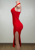 ENNIS RED ASYMMETRICAL HALTER W/METAL DETAIL MIDI DRESS