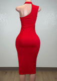 ENNIS RED ASYMMETRICAL HALTER W/METAL DETAIL MIDI DRESS