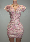 ANTONELLA PINK FLORAL RUCHED BODYCON MINI DRESS