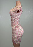 ANTONELLA PINK FLORAL RUCHED BODYCON MINI DRESS