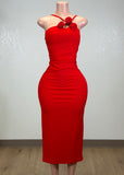 KIHEI RED ASYMMETRICAL CORSAGE MIDI DRESS