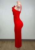 KIHEI RED ASYMMETRICAL CORSAGE MIDI DRESS