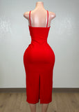 KIHEI RED ASYMMETRICAL CORSAGE MIDI DRESS